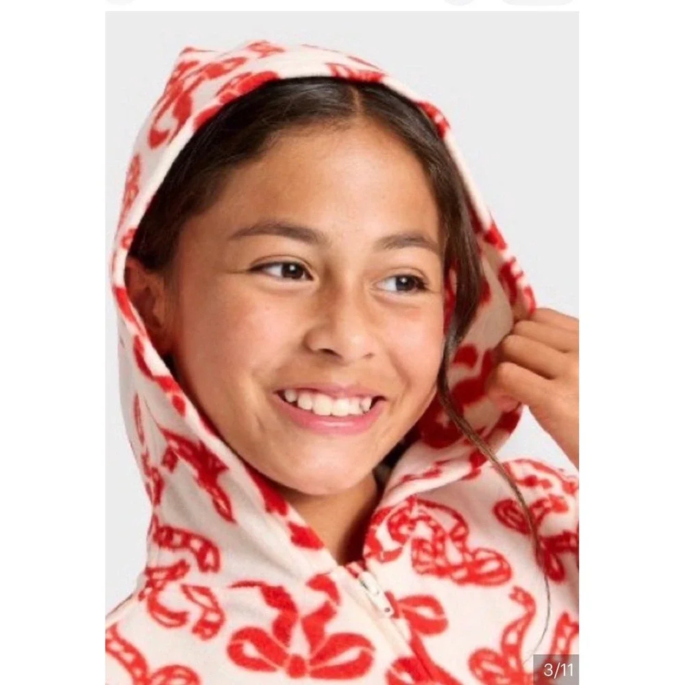 Cat & Jack NWT Girls XL/14 Hooded Union Red/White Candy Cane Bow Fleece Pajamas